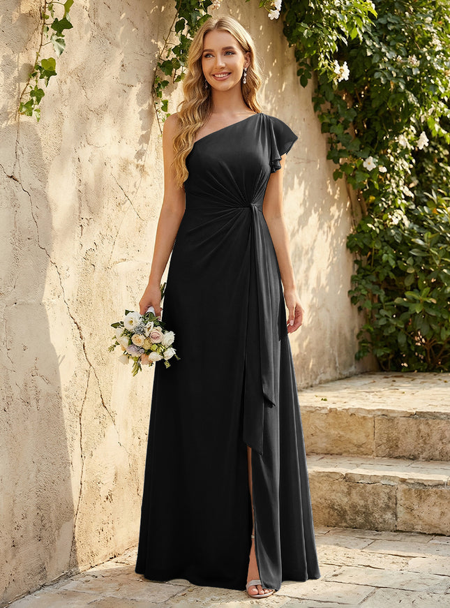 Chiffon One Shoulder Ruched Waist A-Line Maxi Bridesmaid Dresses with Slit