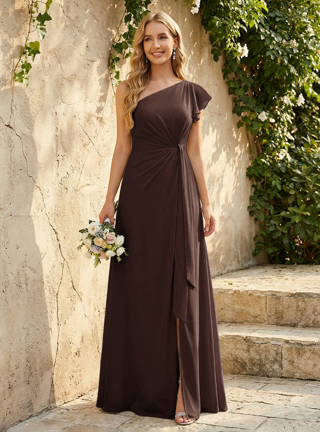 Chiffon One Shoulder Ruched Waist A-Line Maxi Bridesmaid Dresses with Slit
