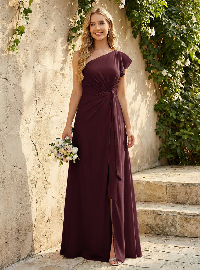 Chiffon One Shoulder Ruched Waist A-Line Maxi Bridesmaid Dresses with Slit
