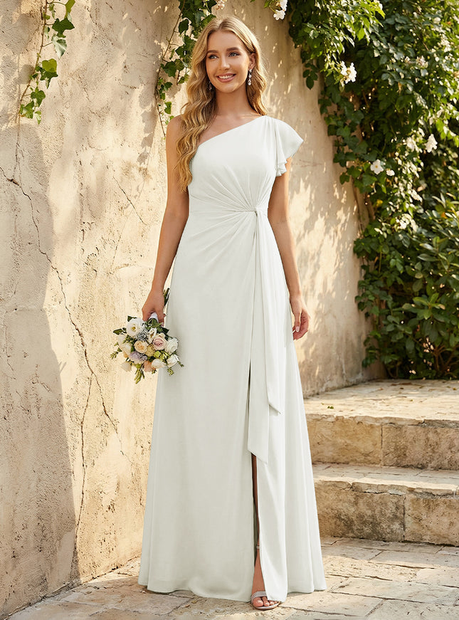 Chiffon One Shoulder Ruched Waist A-Line Maxi Bridesmaid Dresses with Slit