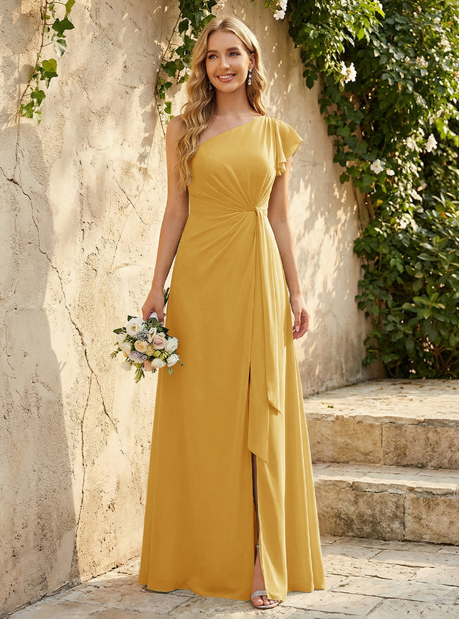 Chiffon One Shoulder Ruched Waist A-Line Maxi Bridesmaid Dresses with Slit