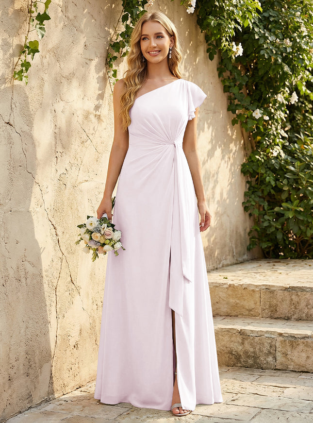 Chiffon One Shoulder Ruched Waist A-Line Maxi Bridesmaid Dresses with Slit
