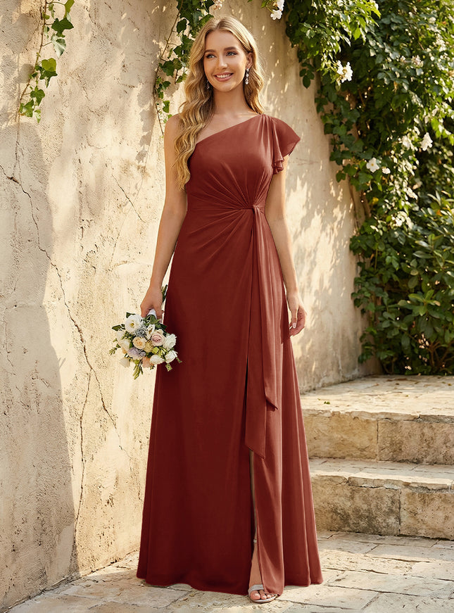 Chiffon One Shoulder Ruched Waist A-Line Maxi Bridesmaid Dresses with Slit