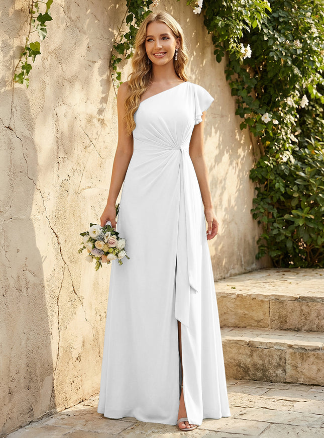 Chiffon One Shoulder Ruched Waist A-Line Maxi Bridesmaid Dresses with Slit