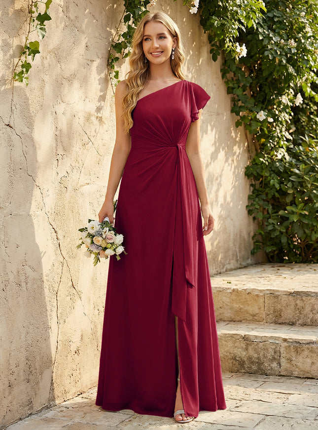 Chiffon One Shoulder Ruched Waist A-Line Maxi Bridesmaid Dresses with Slit