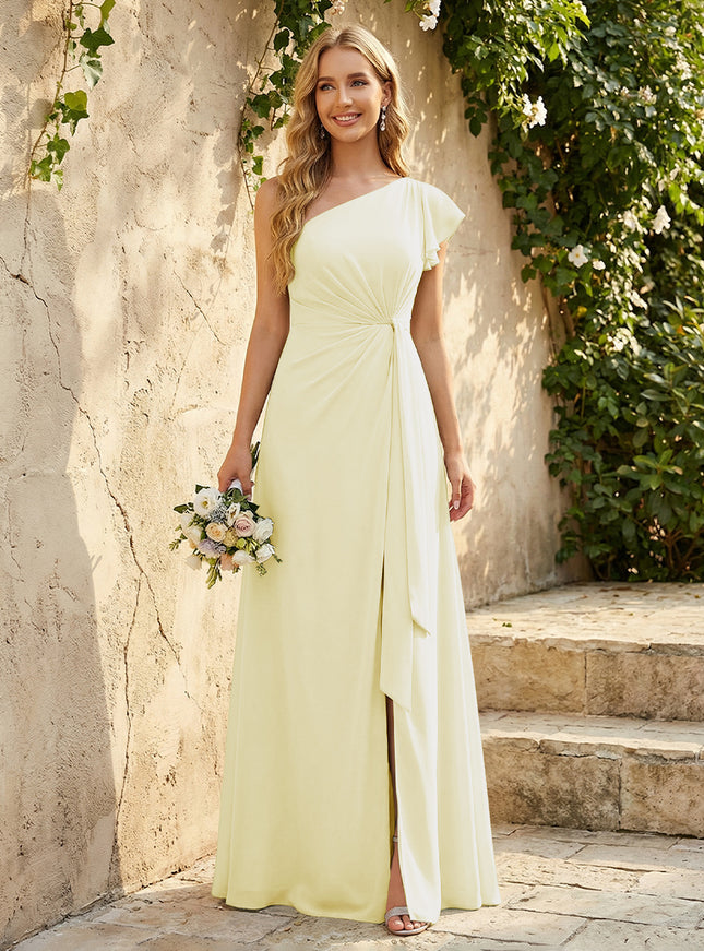 Chiffon One Shoulder Ruched Waist A-Line Maxi Bridesmaid Dresses with Slit