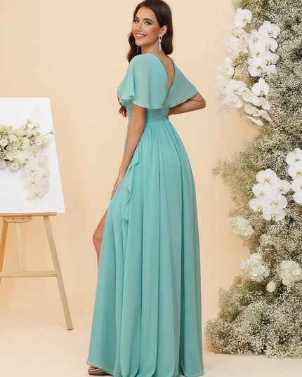 Chiffon Ruched Waist Flutter Short Sleeves A-Line Pleated Ruffles Maxi Bridesmaid Dresses with Slit