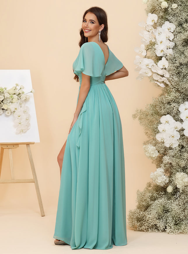 Chiffon Ruched Waist Flutter Short Sleeves A-Line Pleated Ruffles Maxi Bridesmaid Dresses with Slit
