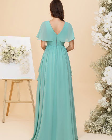 Chiffon Ruched Waist Flutter Short Sleeves A-Line Pleated Ruffles Maxi Bridesmaid Dresses with Slit
