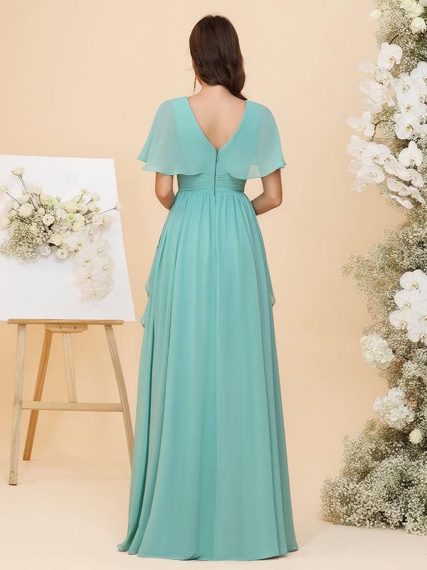 Chiffon Ruched Waist Flutter Short Sleeves A-Line Pleated Ruffles Maxi Bridesmaid Dresses with Slit