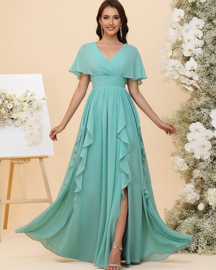 Chiffon Ruched Waist Flutter Short Sleeves A-Line Pleated Ruffles Maxi Bridesmaid Dresses with Slit
