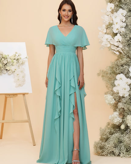 Chiffon Ruched Waist Flutter Short Sleeves A-Line Pleated Ruffles Maxi Bridesmaid Dresses with Slit