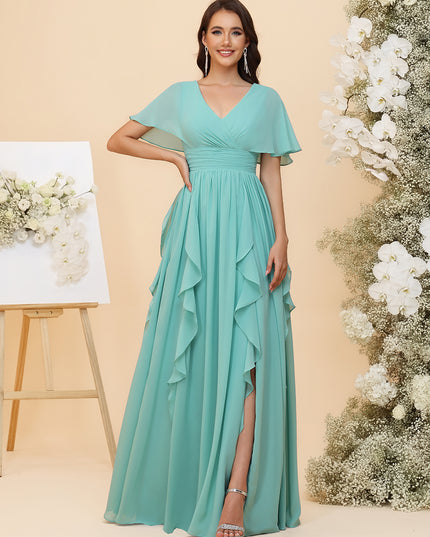 Chiffon Ruched Waist Flutter Short Sleeves A-Line Pleated Ruffles Maxi Bridesmaid Dresses with Slit