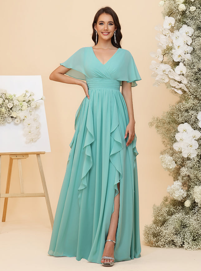 Chiffon Ruched Waist Flutter Short Sleeves A-Line Pleated Ruffles Maxi Bridesmaid Dresses with Slit