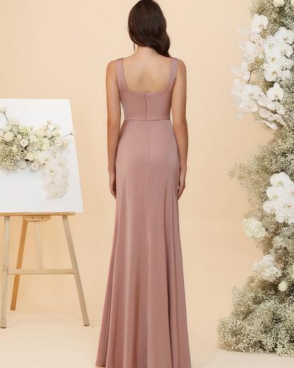 Elegant Satin Square Neck Ruched Waist Maxi Bridesmaid Dresses with Slit