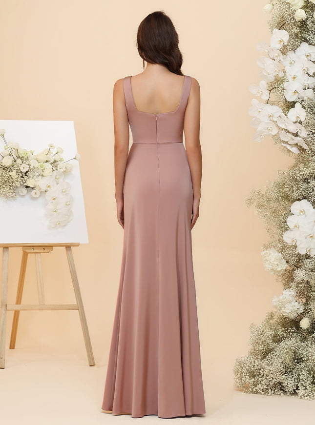 Elegant Satin Square Neck Ruched Waist Maxi Bridesmaid Dresses with Slit