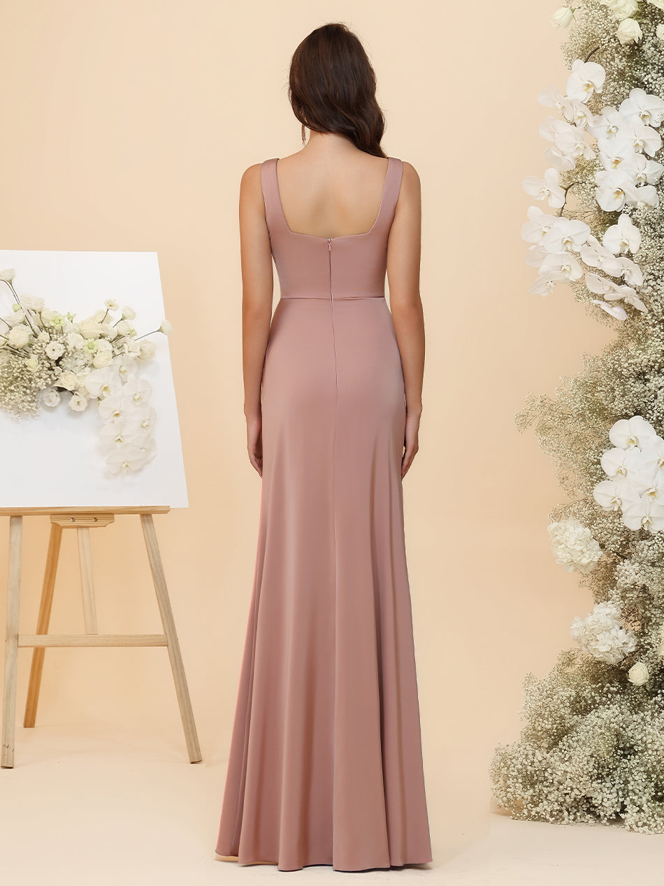 Elegant Satin Square Neck Ruched Waist Maxi Bridesmaid Dresses with Slit