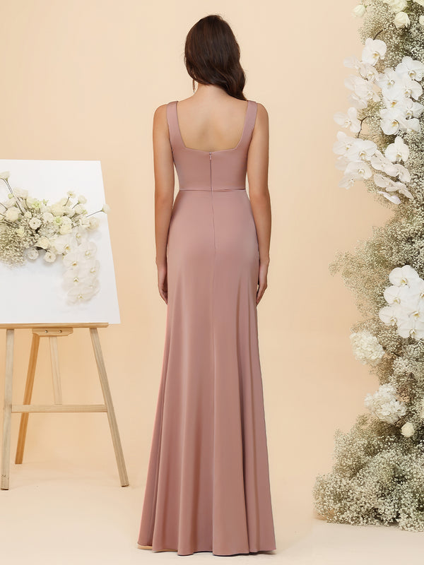 Elegant Satin Square Neck Ruched Waist Maxi Bridesmaid Dresses with Slit