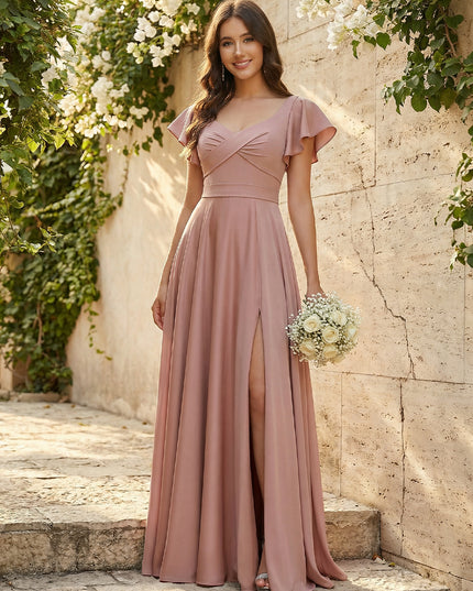 Elegant Chiffon Flutter Short Sleeves Ruched Maxi Bridesmaid Dresses with Slit