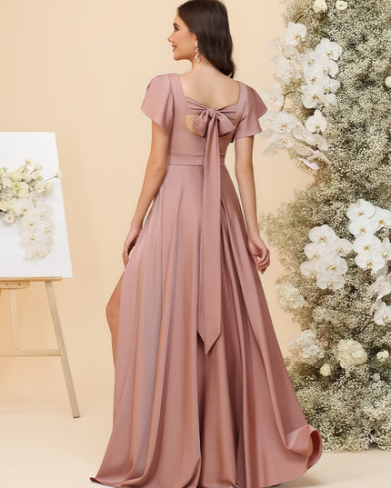 Elegant Chiffon Flutter Short Sleeves Ruched Maxi Bridesmaid Dresses with Slit