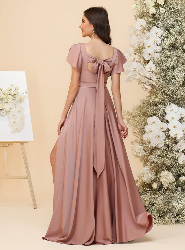 Elegant Chiffon Flutter Short Sleeves Ruched Maxi Bridesmaid Dresses with Slit
