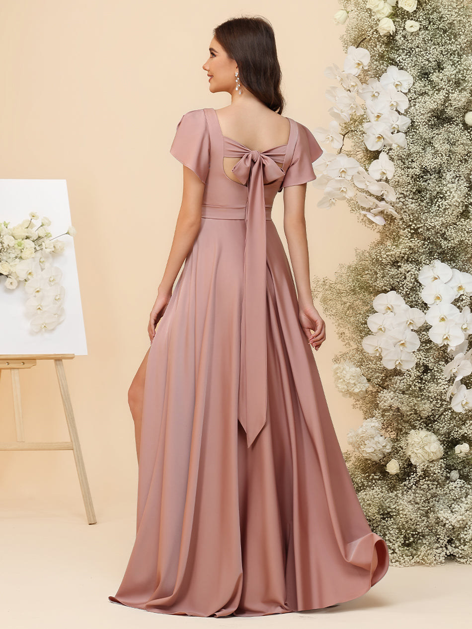 Elegant Chiffon Flutter Short Sleeves Ruched Maxi Bridesmaid Dresses with Slit