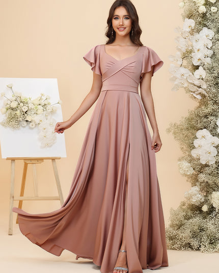 Elegant Chiffon Flutter Short Sleeves Ruched Maxi Bridesmaid Dresses with Slit