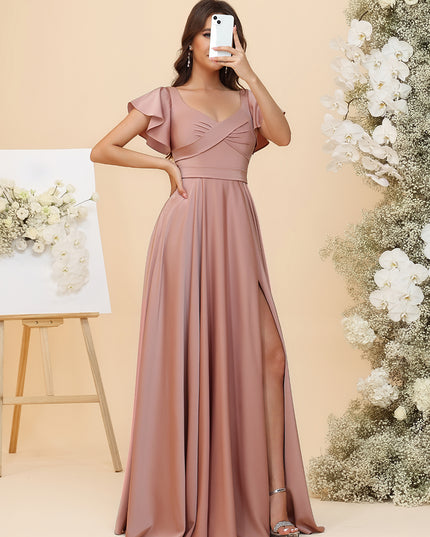 Elegant Chiffon Flutter Short Sleeves Ruched Maxi Bridesmaid Dresses with Slit