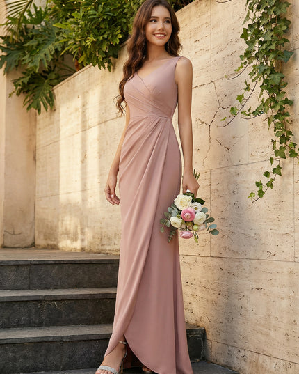 Elegant Satin V-Neck Ruched Waist Maxi Bridesmaid Dresses with Bow