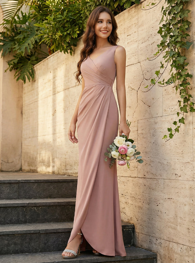 Elegant Satin V-Neck Ruched Waist Maxi Bridesmaid Dresses with Bow