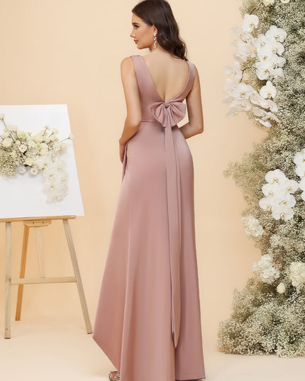 Elegant Satin V-Neck Ruched Waist Maxi Bridesmaid Dresses with Bow