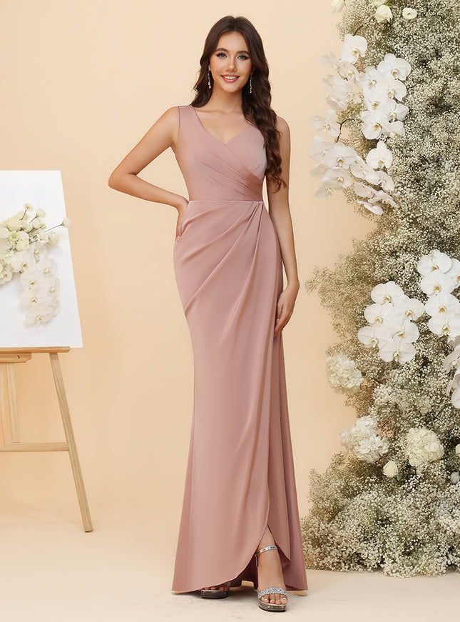 Elegant Satin V-Neck Ruched Waist Maxi Bridesmaid Dresses with Bow