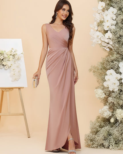 Elegant Satin V-Neck Ruched Waist Maxi Bridesmaid Dresses with Bow