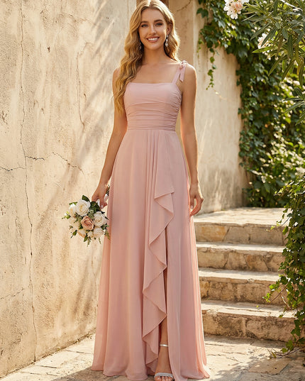 Lightweight Chiffon Square Neck Ruched Waist Ruffled Maxi Bridesmaid Dresses with Slit