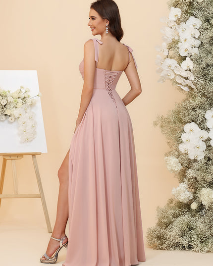 Lightweight Chiffon Square Neck Ruched Waist Ruffled Maxi Bridesmaid Dresses with Slit