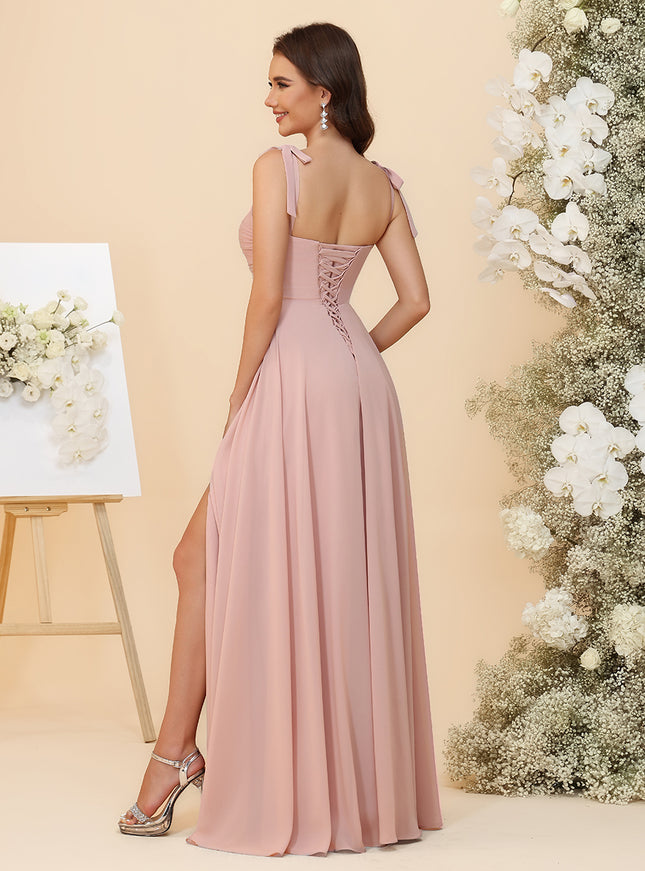 Lightweight Chiffon Square Neck Ruched Waist Ruffled Maxi Bridesmaid Dresses with Slit
