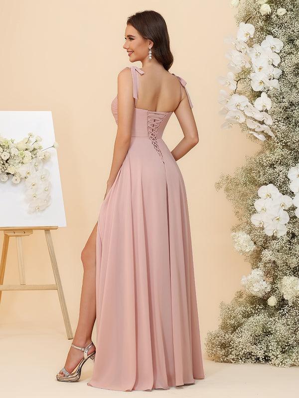 Lightweight Chiffon Square Neck Ruched Waist Ruffled Maxi Bridesmaid Dresses with Slit