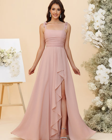 Lightweight Chiffon Square Neck Ruched Waist Ruffled Maxi Bridesmaid Dresses with Slit