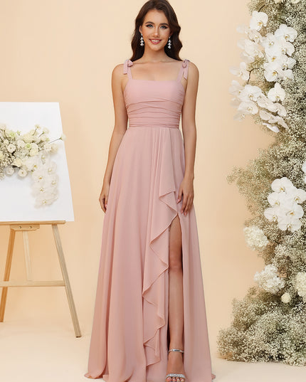 Lightweight Chiffon Square Neck Ruched Waist Ruffled Maxi Bridesmaid Dresses with Slit