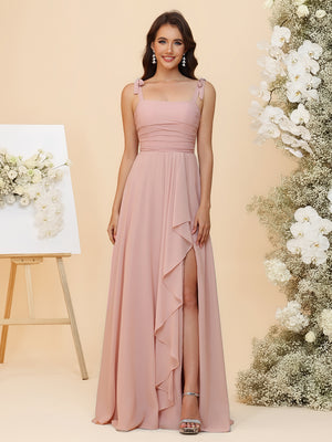 Lightweight Chiffon Square Neck Ruched Waist Ruffled Maxi Bridesmaid Dresses with Slit