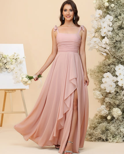 Lightweight Chiffon Square Neck Ruched Waist Ruffled Maxi Bridesmaid Dresses with Slit