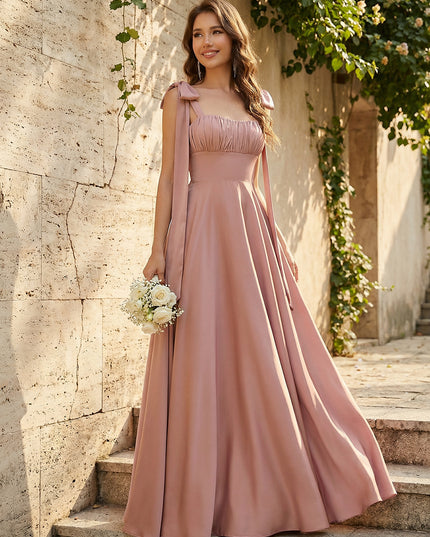 Satin Square Neck Ruched Waist Maxi Bridesmaid Dresses with Bow Shoulder Straps