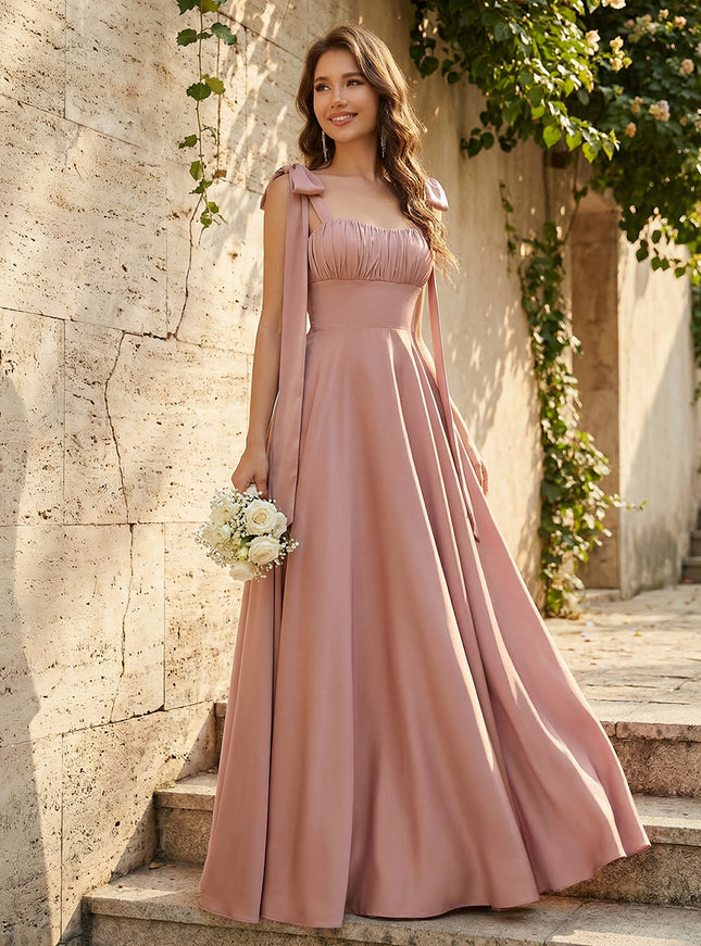 Satin Square Neck Ruched Waist Maxi Bridesmaid Dresses with Bow Shoulder Straps