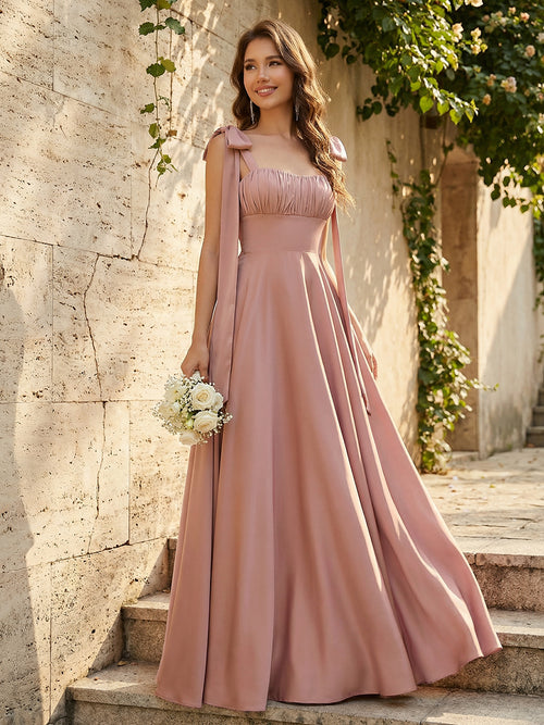 Satin Square Neck Ruched Waist Maxi Bridesmaid Dresses with Bow Shoulder Straps