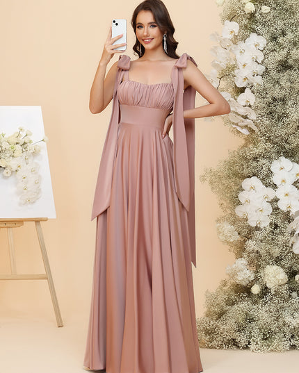 Satin Square Neck Ruched Waist Maxi Bridesmaid Dresses with Bow Shoulder Straps