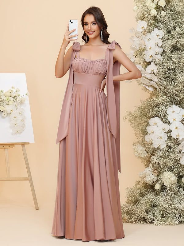 Satin Square Neck Ruched Waist Maxi Bridesmaid Dresses with Bow Shoulder Straps