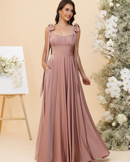 Satin Square Neck Ruched Waist Maxi Bridesmaid Dresses with Bow Shoulder Straps