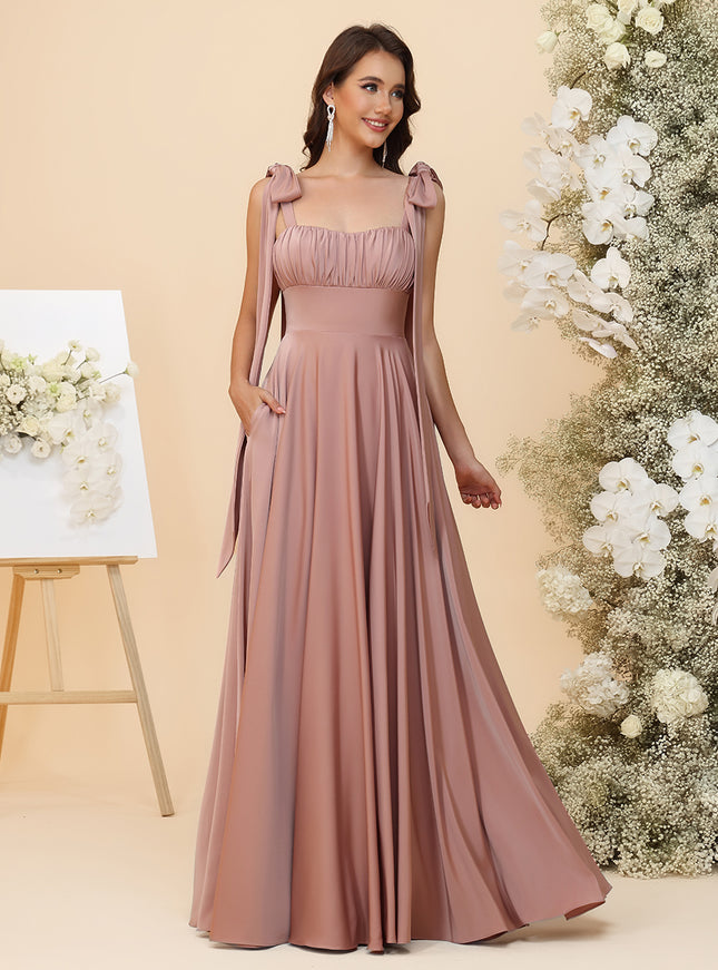 Satin Square Neck Ruched Waist Maxi Bridesmaid Dresses with Bow Shoulder Straps