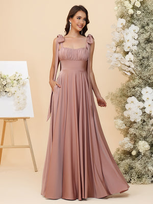 Satin Square Neck Ruched Waist Maxi Bridesmaid Dresses with Bow Shoulder Straps