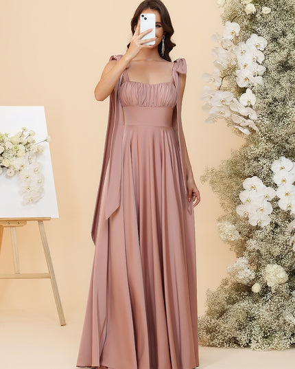 Satin Square Neck Ruched Waist Maxi Bridesmaid Dresses with Bow Shoulder Straps